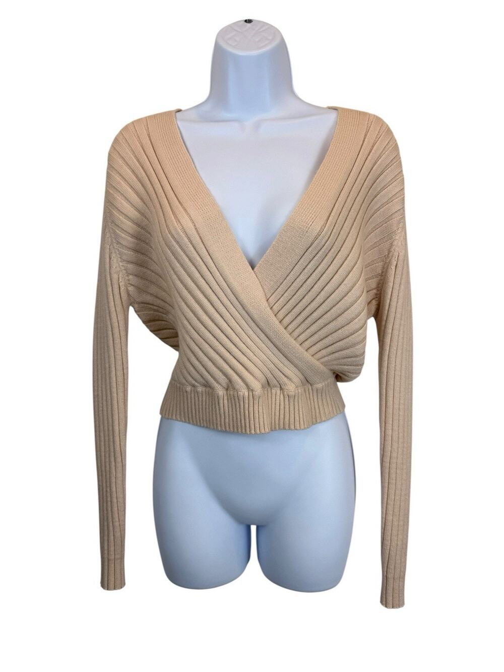 Cali Be Sweater Womens XL Beige Ribbed Wrap Sweater Surplice V Neck Cropped NWT